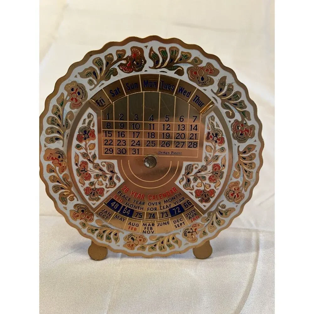VTG HAND PAINTED BRASS PERPETUAL CALENDAR BY LAMPL 1948 TO 1975 DESK TOP DECOR